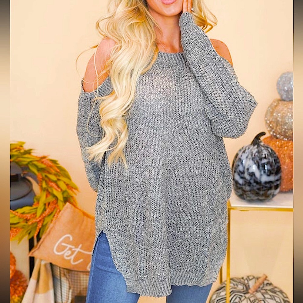 🍒BOGO50%🍒🆕🩶MISS SPARKLING: GRAY Cold Shoulder Sweater SMALL